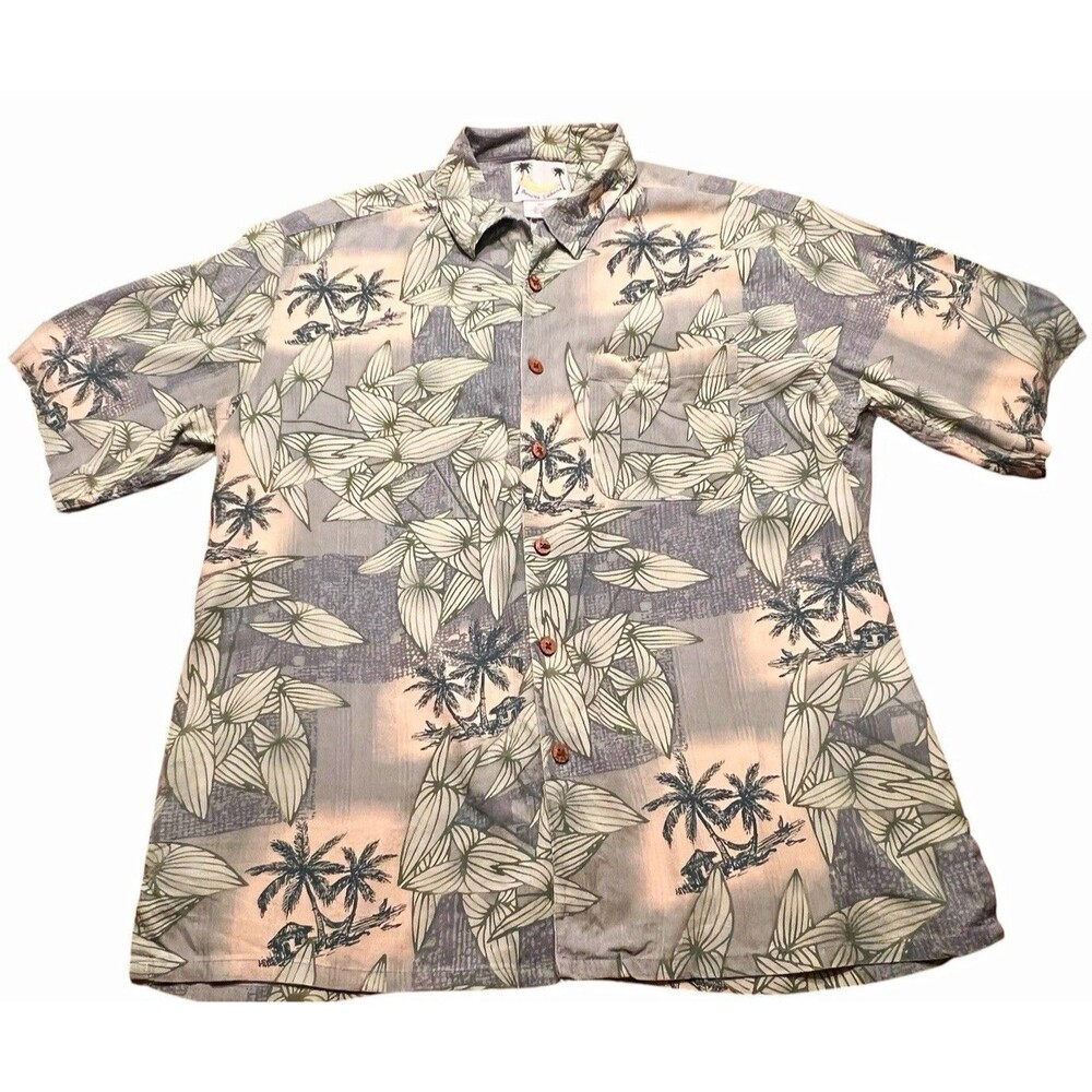 Banana Cabana Mens L Silk Tropical Hawaiian Button Up Short Sleeve Shirt